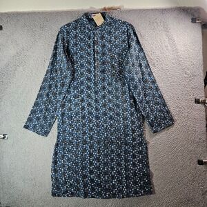 NEW Fabindia Tunic Dress Women XS Slim Fit Long Sleeve Geometric Black Gray Blue